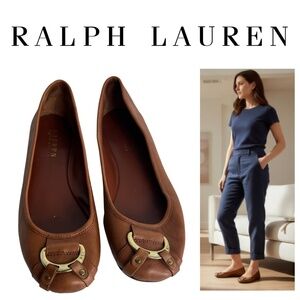 Ralph Lauren Abigale Ballet Flats Shoes Sz 7.5 Leather Tan Brown Gold Buckle
